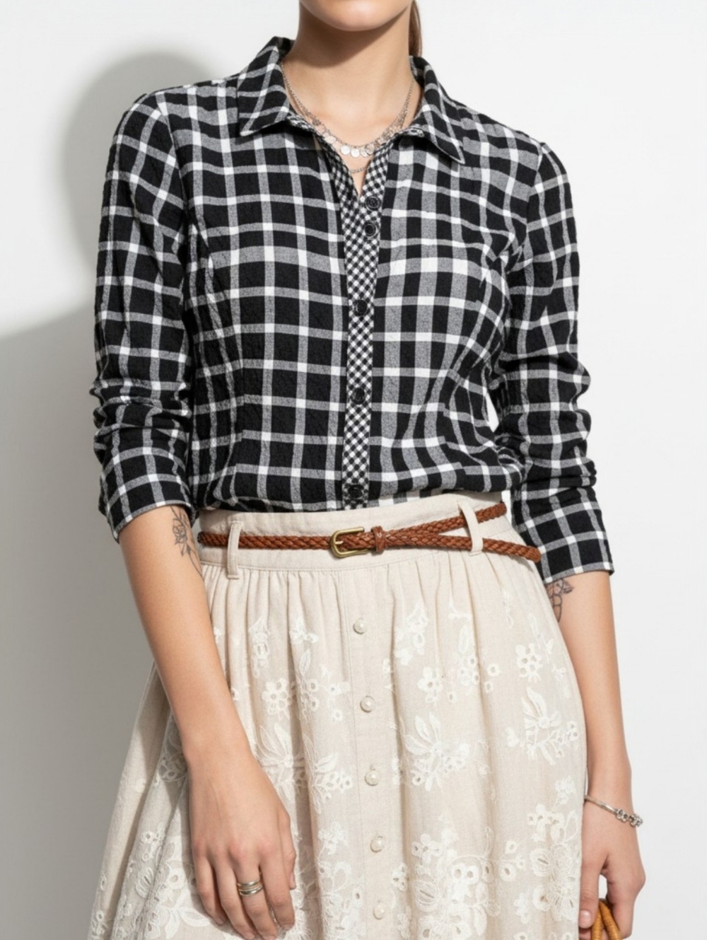 Habitat Cottagecore Gingham Shirt Black White Plaid Crinkle Button Down Relaxed